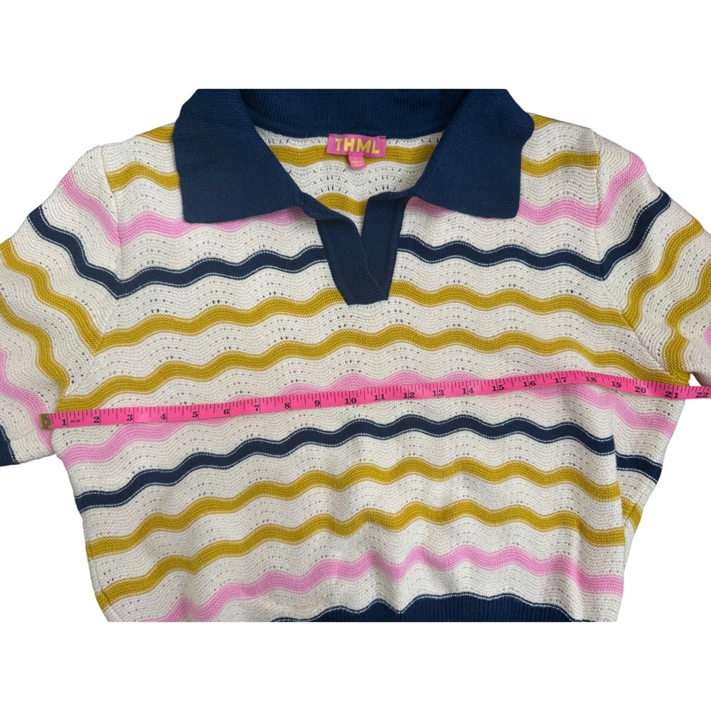 THML Multi Color Wavy Stripe Knit Polo Top Navy Pink Mustard Short Sleeve Large - Picture 4 of 5